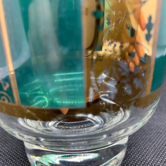 8 mid century low ball green and gold glasses with wooden glass caddy - Picture 12 of 13